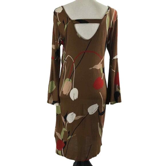 Vintage Womens Dress Size Small Tulip Print Boho Brown Bell Sleeve Open Back - Picture 2 of 10